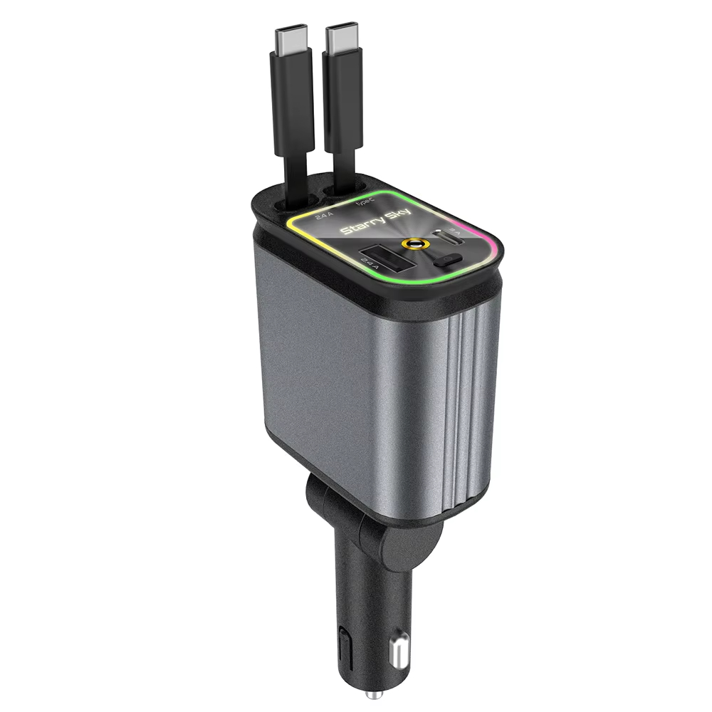 Fast Charging Car Phone Station Charger 4 in 1 Retractable Car Charger with Ambient Star Light 2 Cables Type C PD Quick Adapter